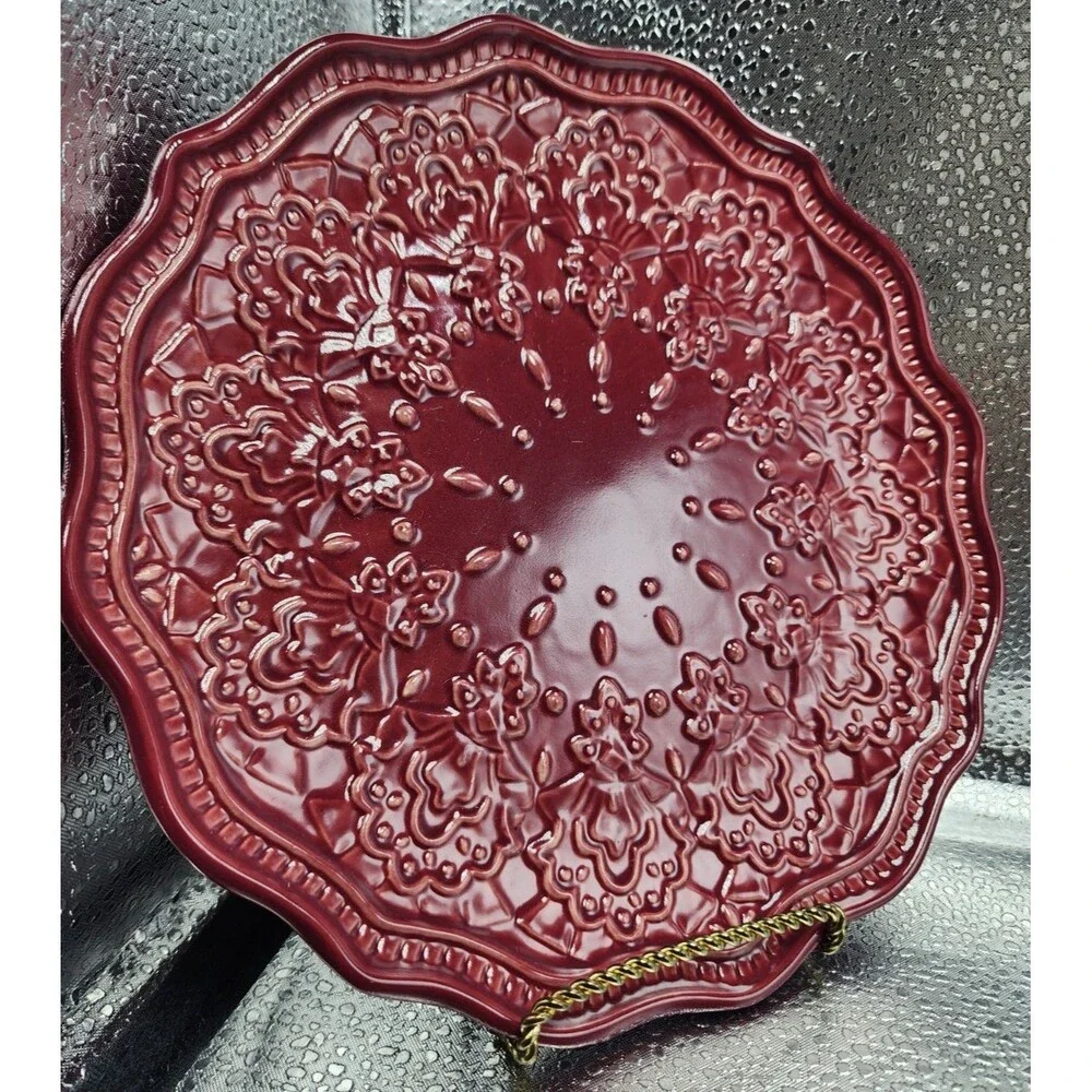 Pioneer Woman ~ Red ~ FARMHOUSE LACE Stoneware Salad Plates (Set of 3) READ!!